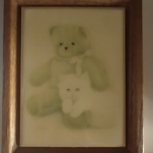 6 x 7.25 Wood Framed Ceramic Tile Kitten on Teddy Bear